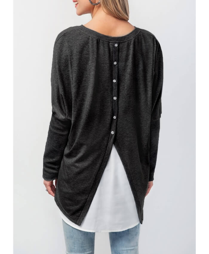 Patchwork Long Sleeve Button Back T Shirt